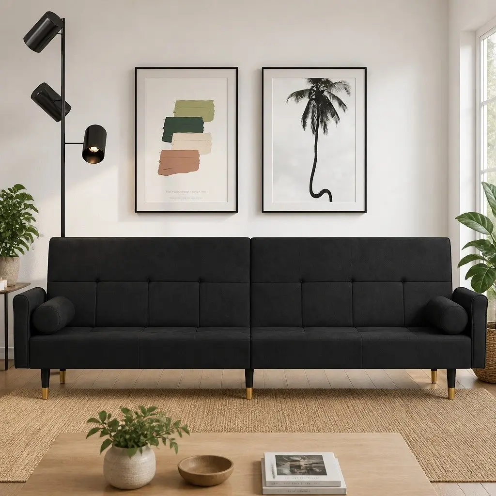 Sofa Bed Black Velvet Adjustable Backrest Sleeper Couch