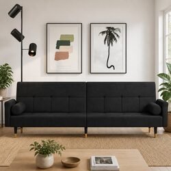 Luxurious Black Velvet Sofa Bed with Cushions