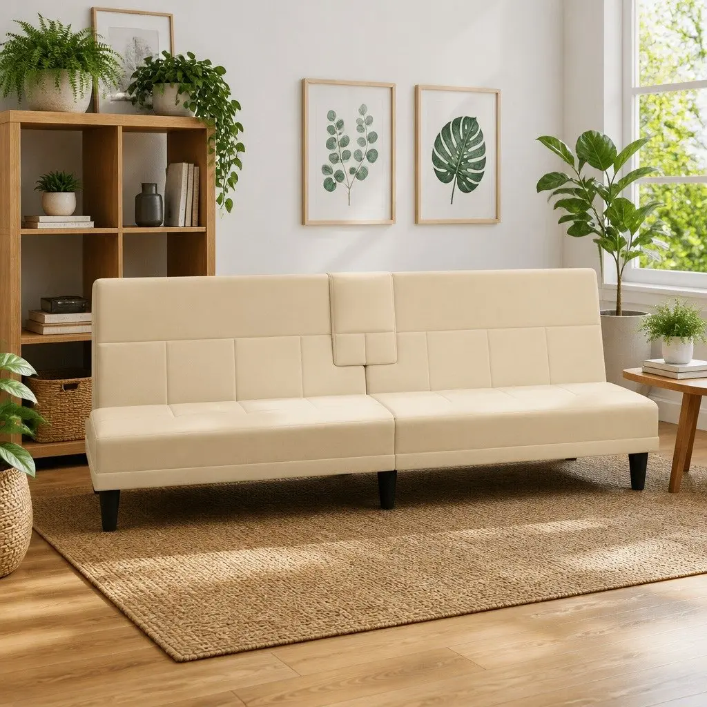 Sofa Bed Cream Fabric Adjustable Backrest Plywood Frame