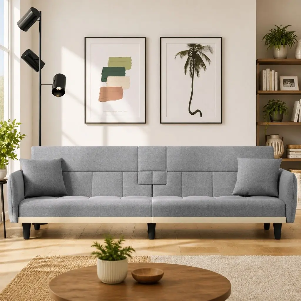 Sofa Bed Grey Fabric Adjustable Backrest Foldable Tea Table USB Charging Ports