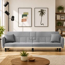 Grey Fabric Sofa Bed with Adjustable Backrest and Cup Holders