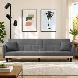 Grey Fabric Sofa Bed with Cup Holders and Adjustable Backrest