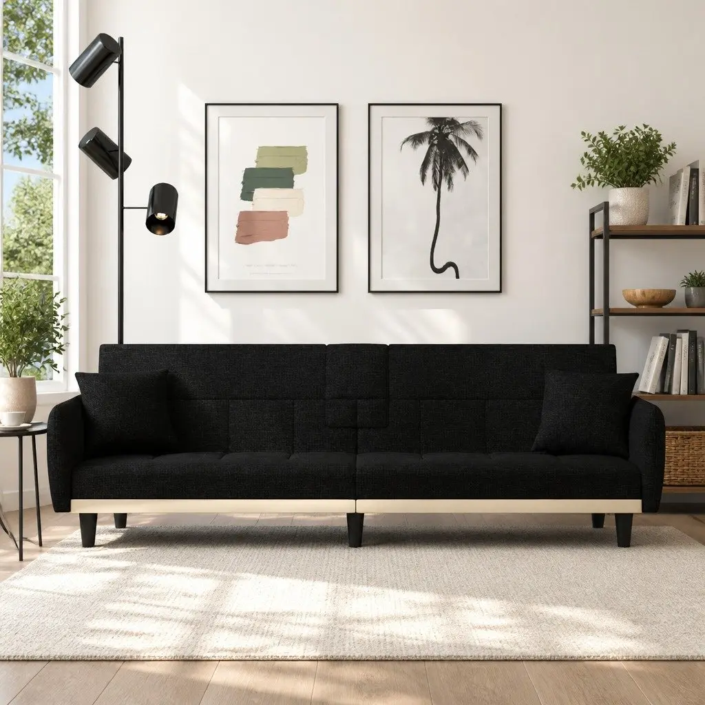 Sofa Bed Adjustable Backrest Black Fabric with Cup Holders and USB Charging Tea Table