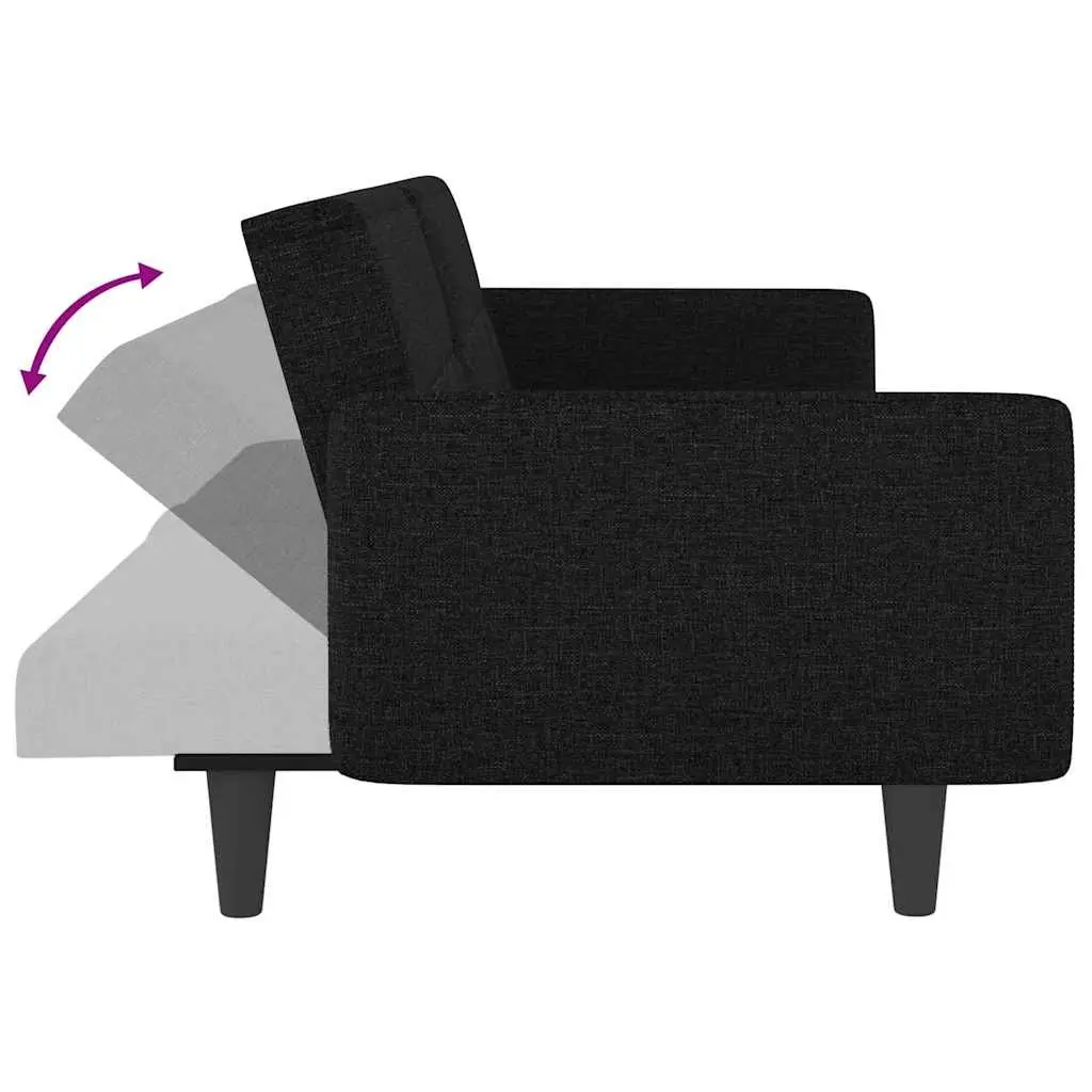 Sofa Bed Adjustable Backrest Black Fabric with Cup Holders and USB Charging Tea Table