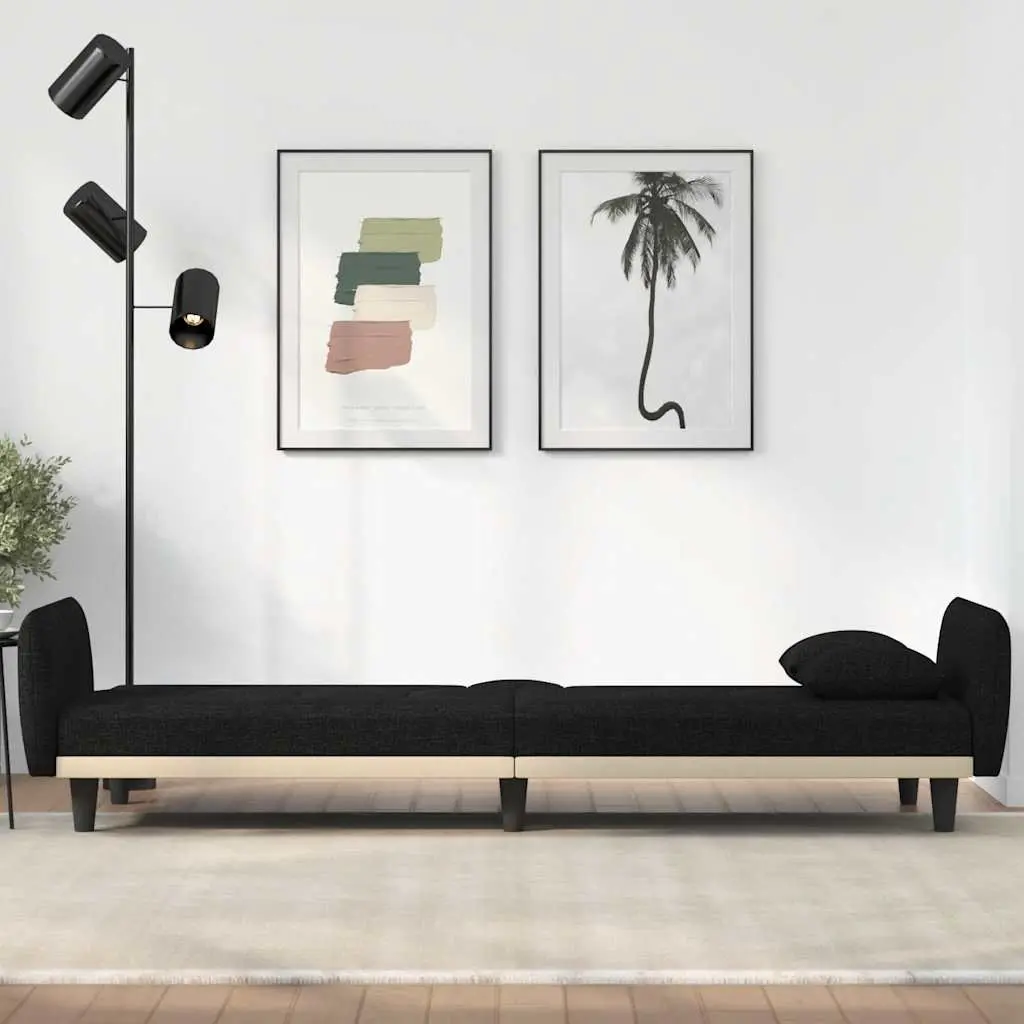 Sofa Bed Adjustable Backrest Black Fabric with Cup Holders and USB Charging Tea Table