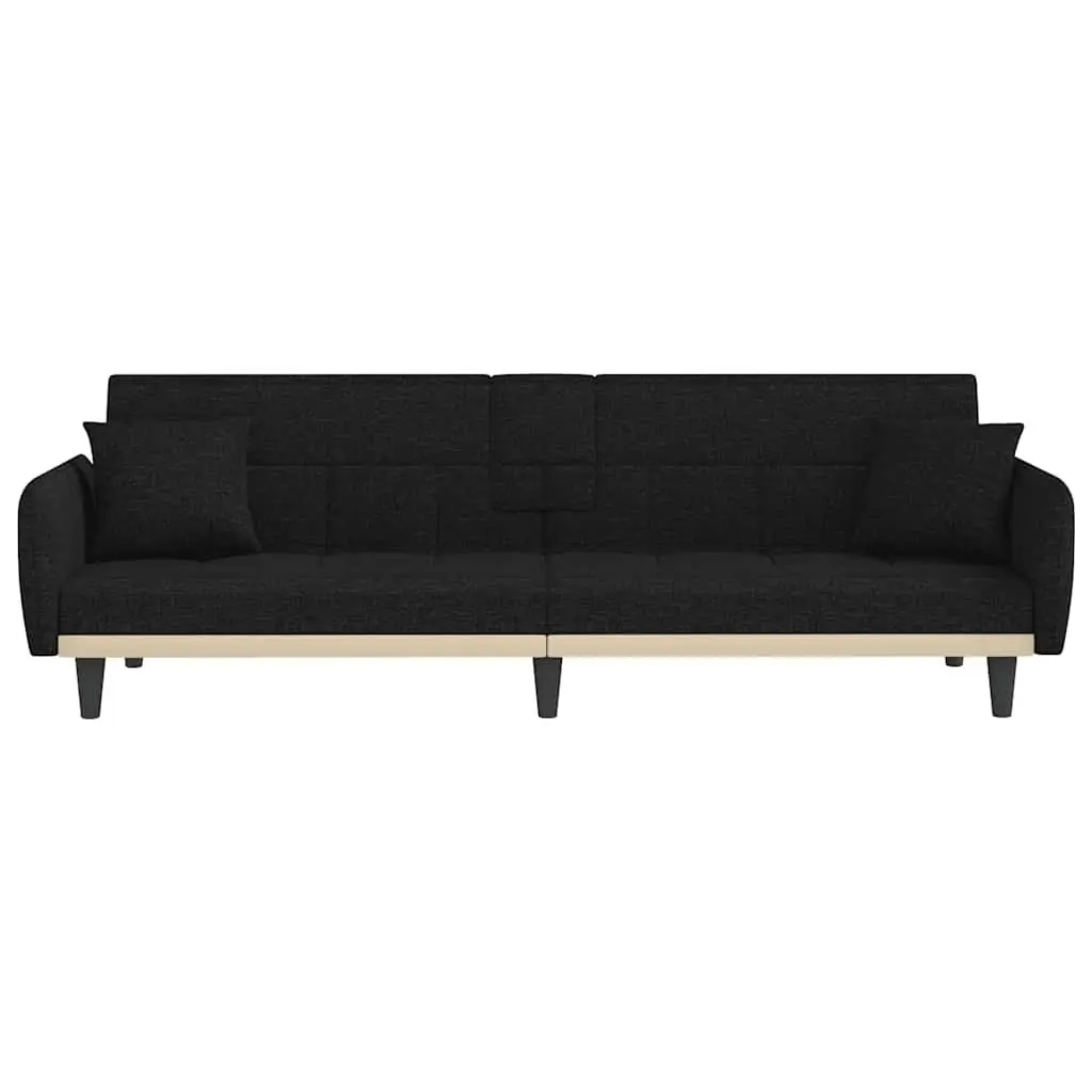 Sofa Bed Adjustable Backrest Black Fabric with Cup Holders and USB Charging Tea Table