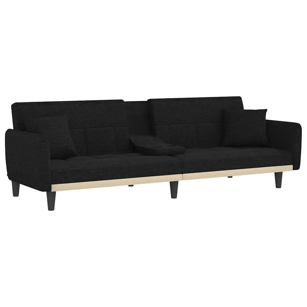 Sofa Bed Adjustable Backrest Black Fabric with Cup Holders and USB Charging Tea Table