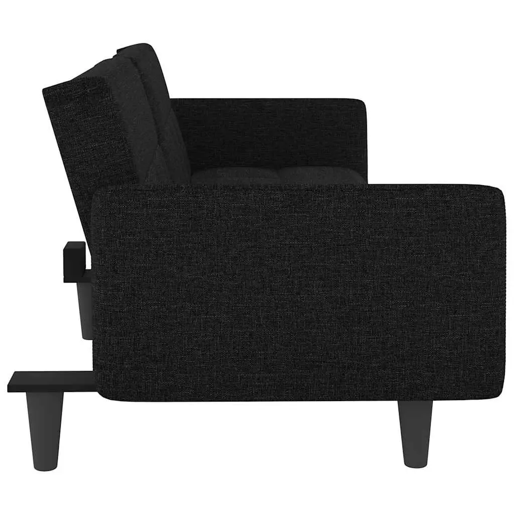 Sofa Bed Adjustable Backrest Black Fabric with Cup Holders and USB Charging Tea Table