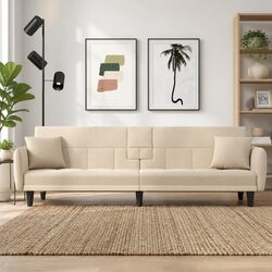 Cream Fabric Sofa Bed with Adjustable Backrest and Cup Holders