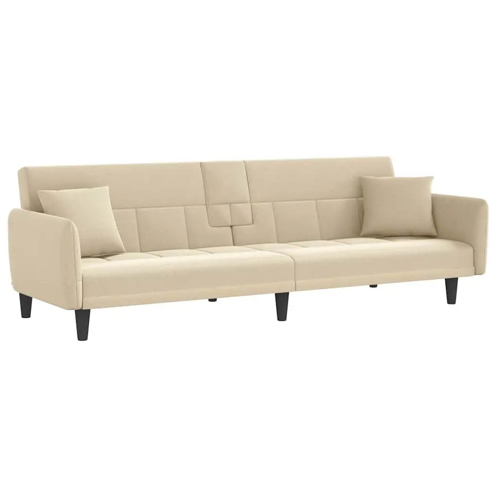 Cream Fabric Sofa Bed with Adjustable Backrest and Integrated Tea Table featuring Cup Holders and USB Charging Ports