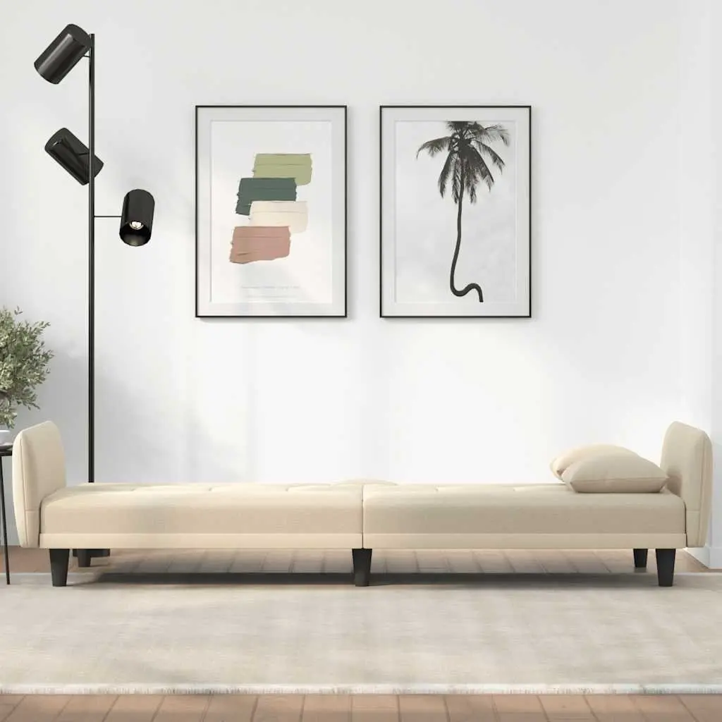 Cream Fabric Sofa Bed with Adjustable Backrest and Integrated Tea Table featuring Cup Holders and USB Charging Ports