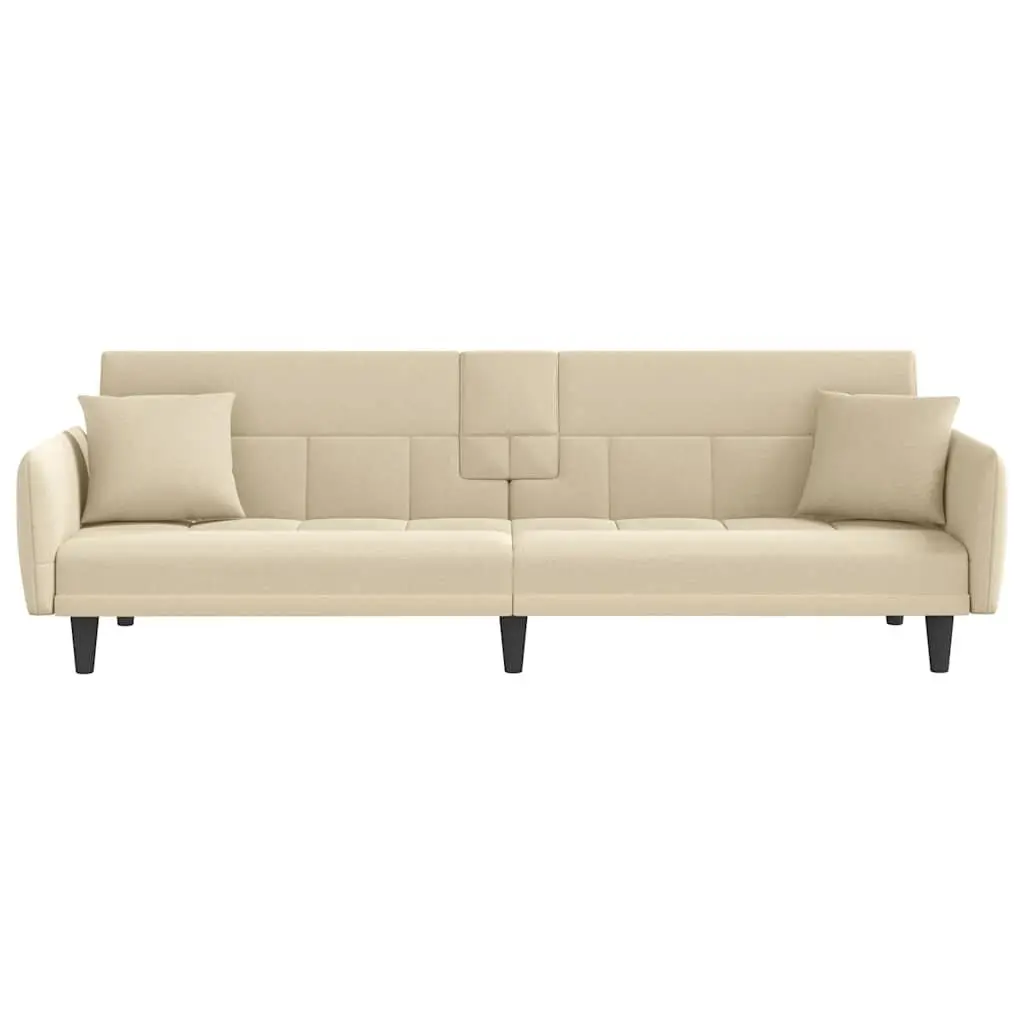 Cream Fabric Sofa Bed with Adjustable Backrest and Integrated Tea Table featuring Cup Holders and USB Charging Ports