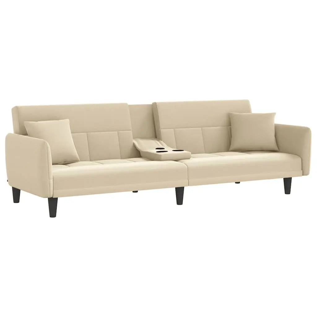 Cream Fabric Sofa Bed with Adjustable Backrest and Integrated Tea Table featuring Cup Holders and USB Charging Ports