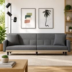 Grey Fabric Sofa Bed with Cushions and Adjustable Backrest