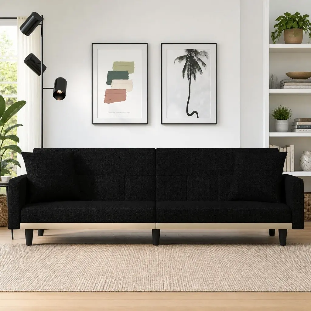 Sofa Bed Black Fabric Adjustable Backrest Sleeper Couch Guest Accommodation