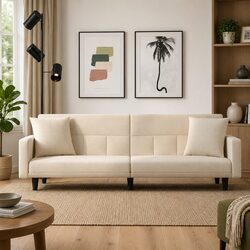 Cream Fabric Sofa Bed with Cushions and Adjustable Backrest