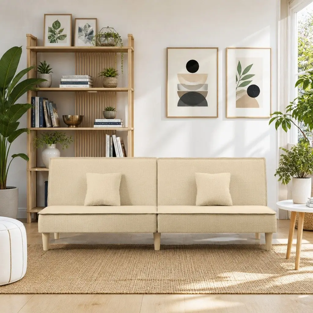 Cream Fabric Sofa Bed with Adjustable Backrest