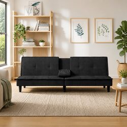 Adjustable Backrest Sofa Bed with Cup Holders in Black Velvet