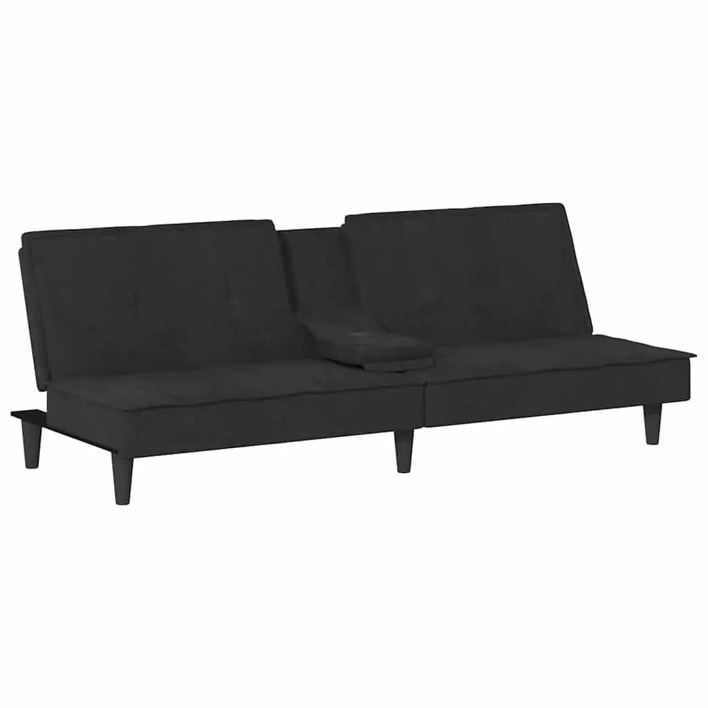 Adjustable Backrest Sofa Bed with Cup Holders in Black Velvet