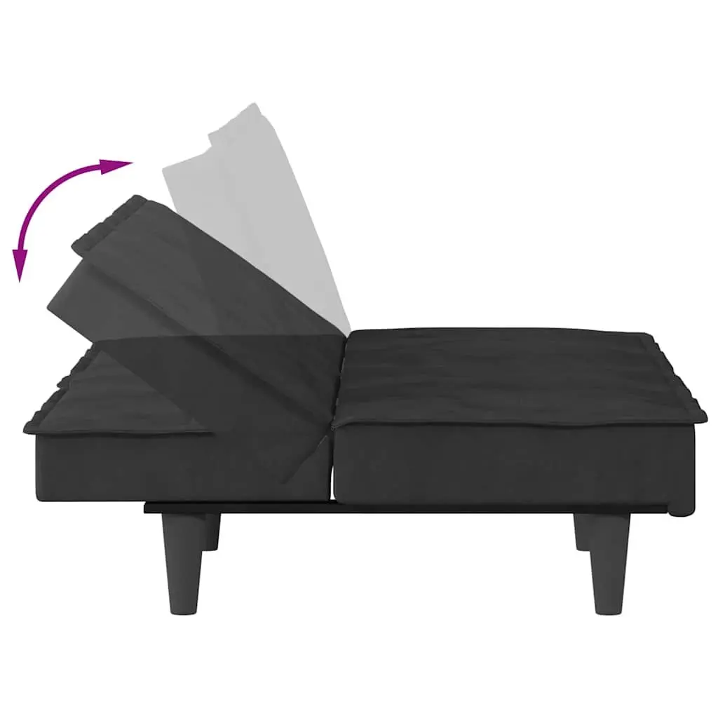 Adjustable Backrest Sofa Bed with Cup Holders in Black Velvet