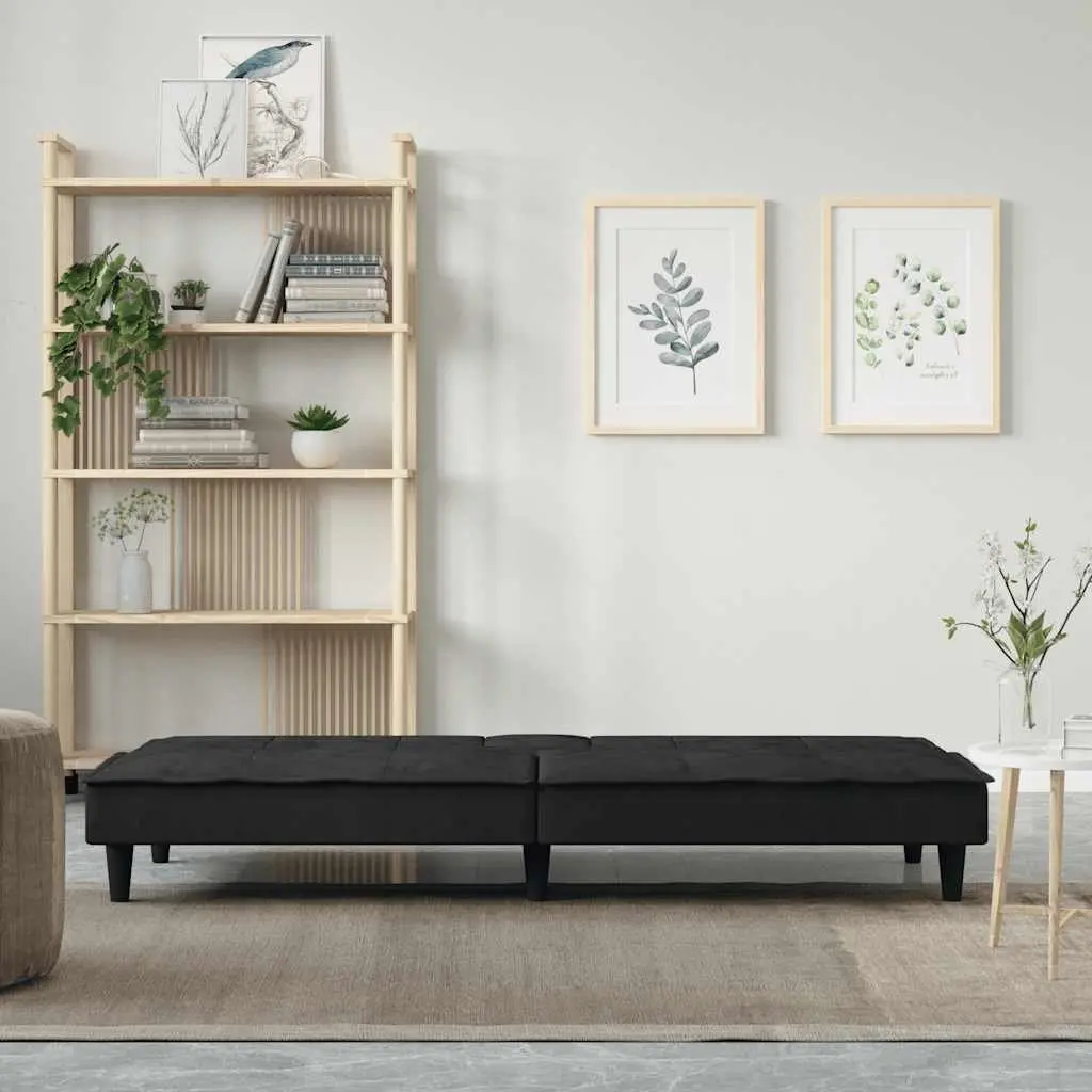 Adjustable Backrest Sofa Bed with Cup Holders in Black Velvet