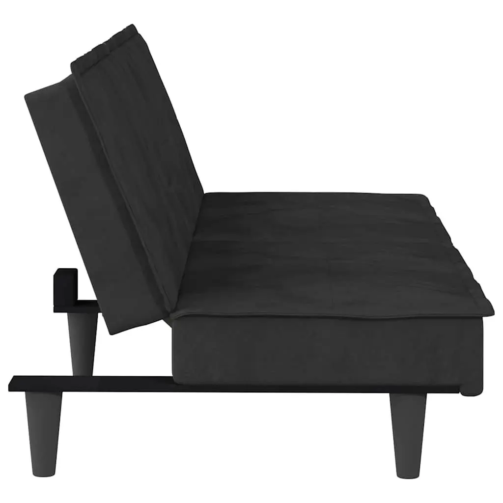 Adjustable Backrest Sofa Bed with Cup Holders in Black Velvet
