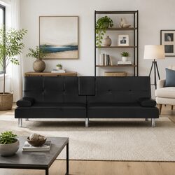 Black Faux Leather Sofa Bed with Adjustable Backrest