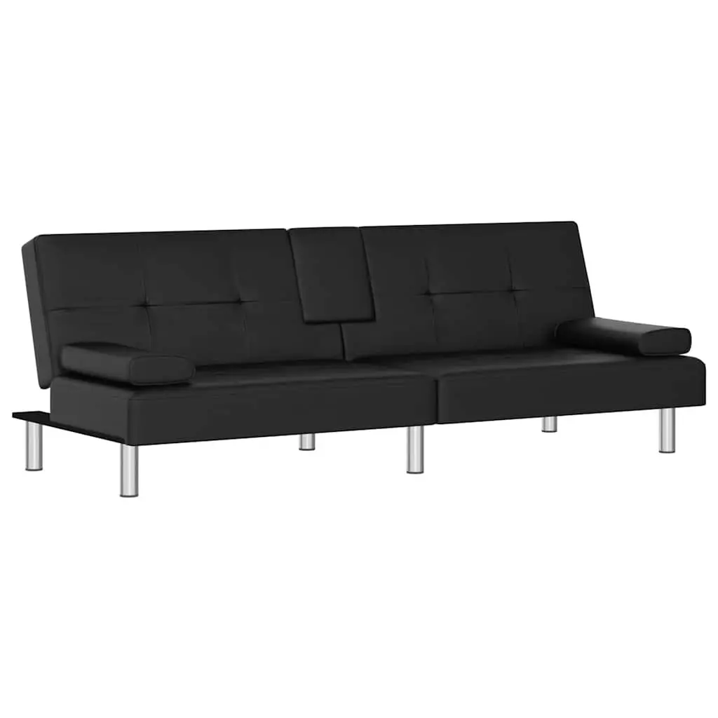 Sofa Bed Black Faux Leather Sleeper Couch with Adjustable Backrest and Cup Holders