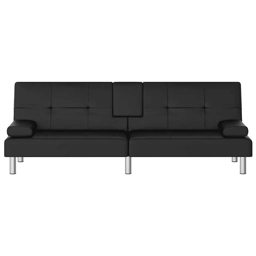 Sofa Bed Black Faux Leather Sleeper Couch with Adjustable Backrest and Cup Holders