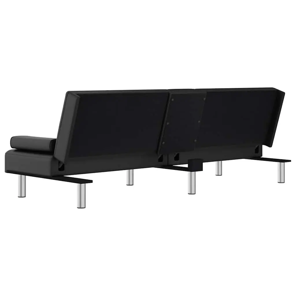 Sofa Bed Black Faux Leather Sleeper Couch with Adjustable Backrest and Cup Holders