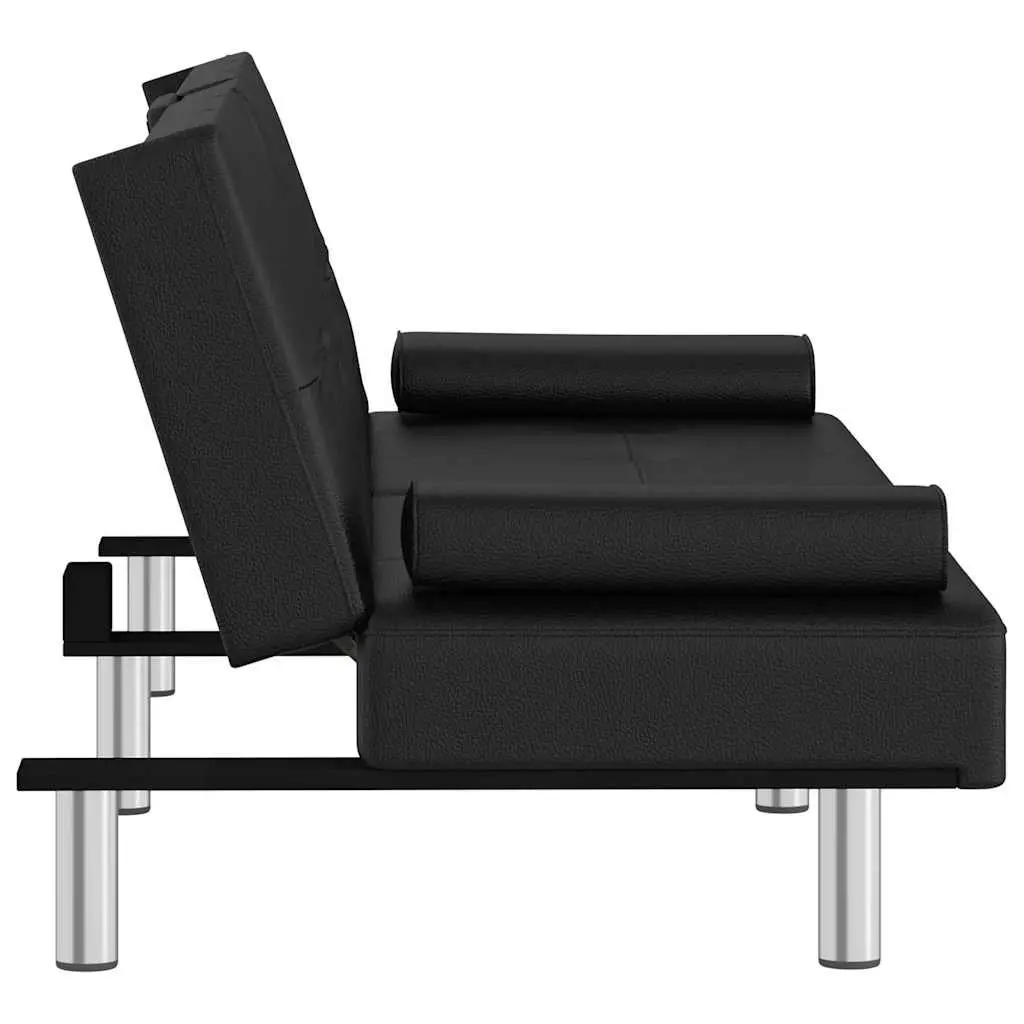 Sofa Bed Black Faux Leather Sleeper Couch with Adjustable Backrest and Cup Holders
