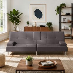 Grey Faux Leather Sofa Bed with Cup Holders and USB