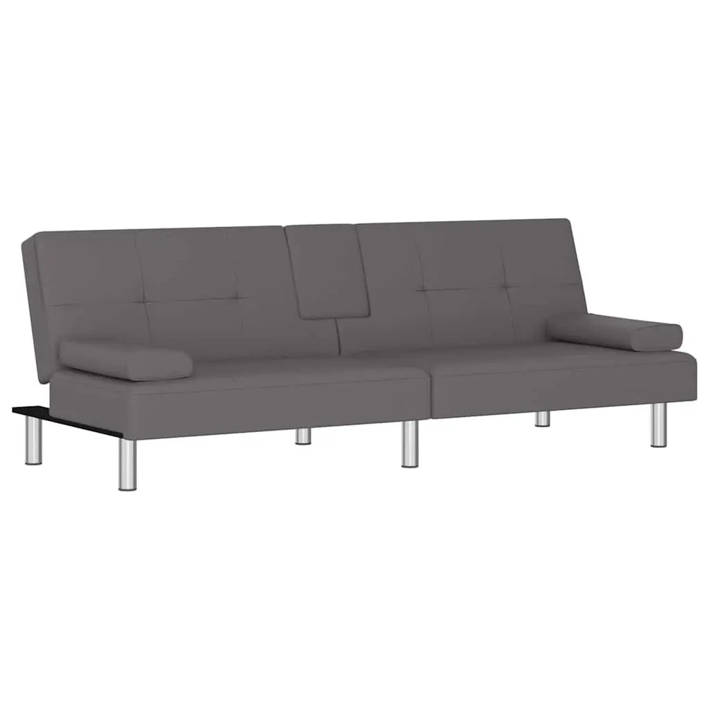 Grey Faux Leather Sofa Bed with Adjustable Backrest and Cup Holders