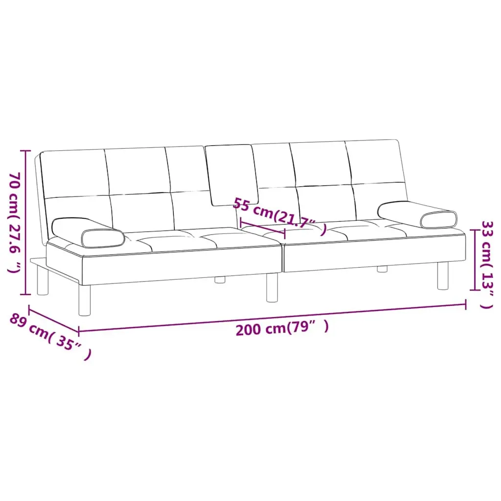 Grey Faux Leather Sofa Bed with Adjustable Backrest and Cup Holders