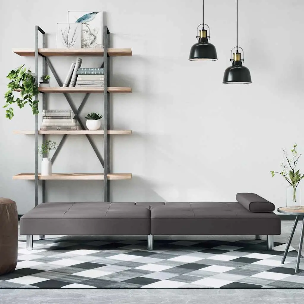Grey Faux Leather Sofa Bed with Adjustable Backrest and Cup Holders