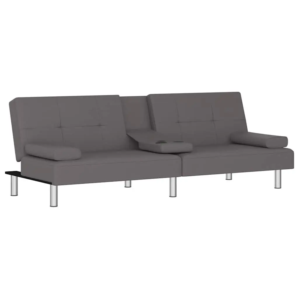 Grey Faux Leather Sofa Bed with Adjustable Backrest and Cup Holders