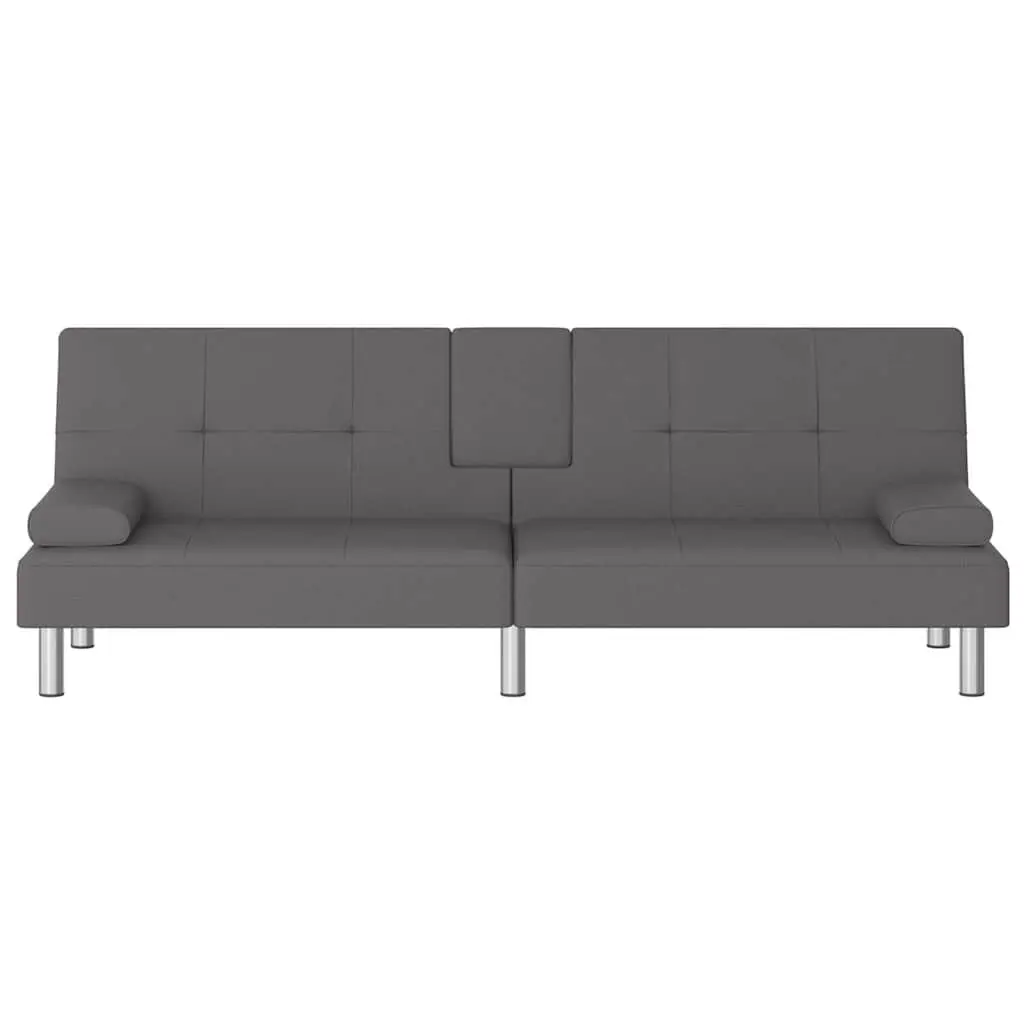Grey Faux Leather Sofa Bed with Adjustable Backrest and Cup Holders