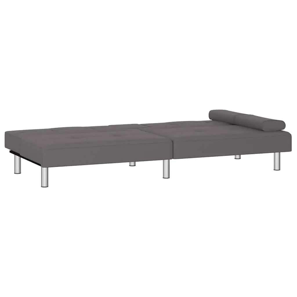 Grey Faux Leather Sofa Bed with Adjustable Backrest and Cup Holders