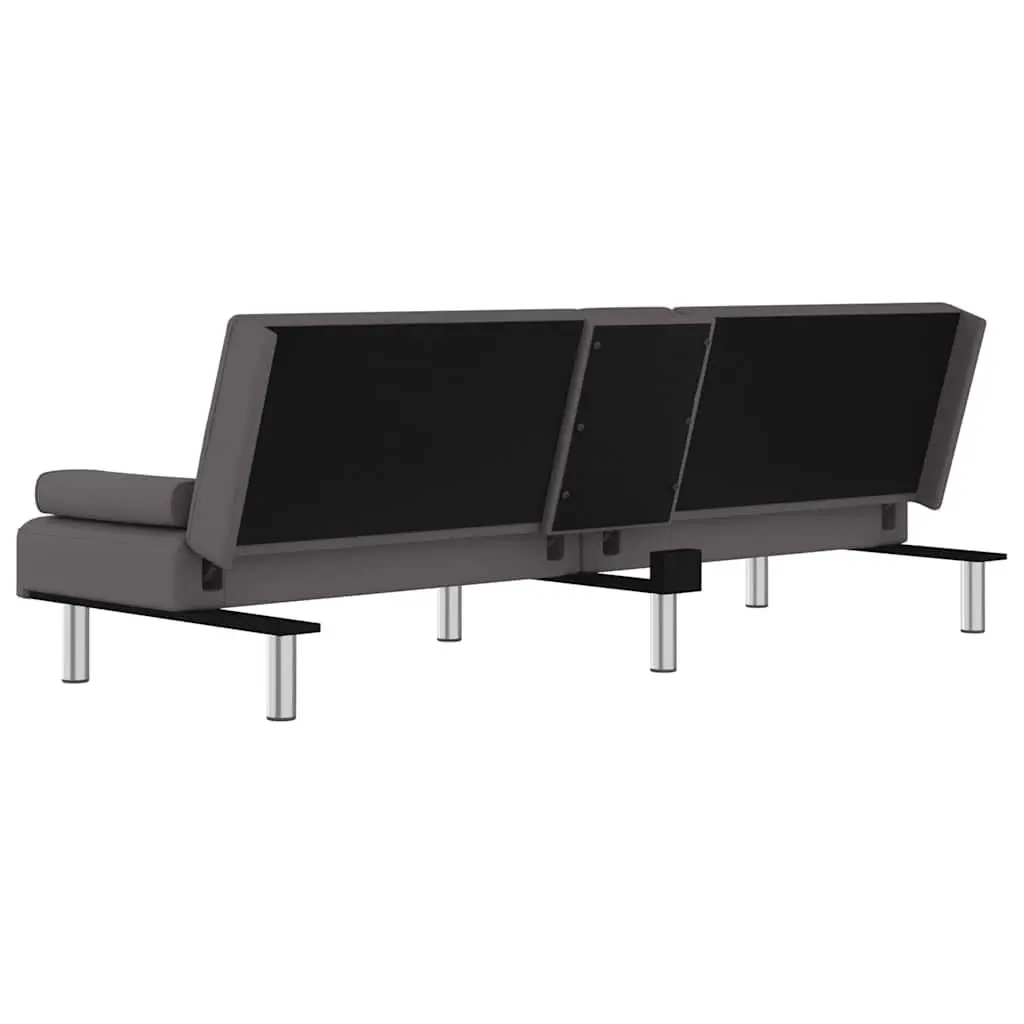 Grey Faux Leather Sofa Bed with Adjustable Backrest and Cup Holders
