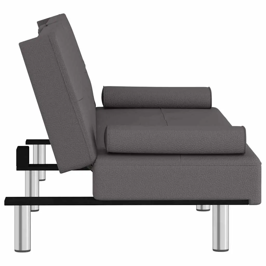 Grey Faux Leather Sofa Bed with Adjustable Backrest and Cup Holders