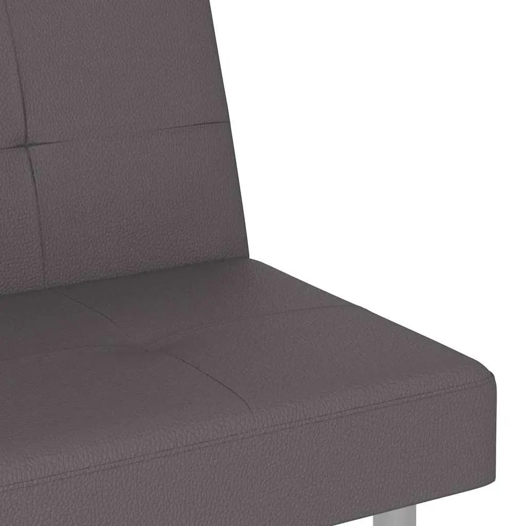 Grey Faux Leather Sofa Bed with Adjustable Backrest and Cup Holders