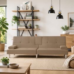 Faux Leather Sofa Bed with Cup Holders and Adjustable Backrest