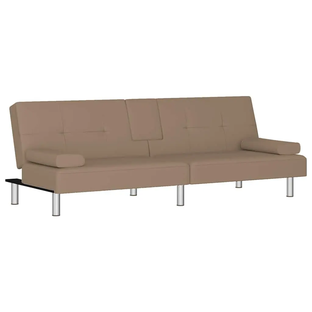 Sofa Bed Faux Leather Adjustable Backrest Brown Plywood Frame with Cup Holders
