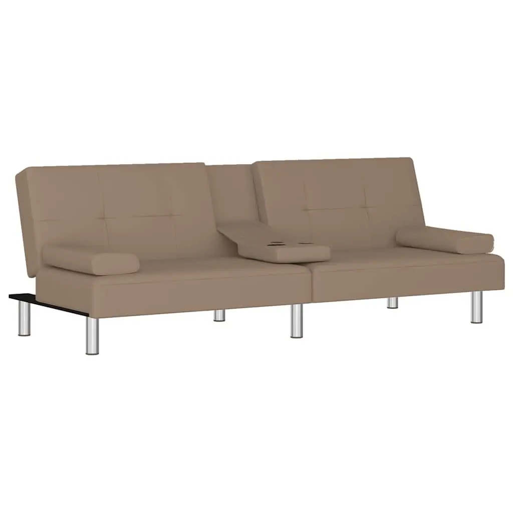 Sofa Bed Faux Leather Adjustable Backrest Brown Plywood Frame with Cup Holders