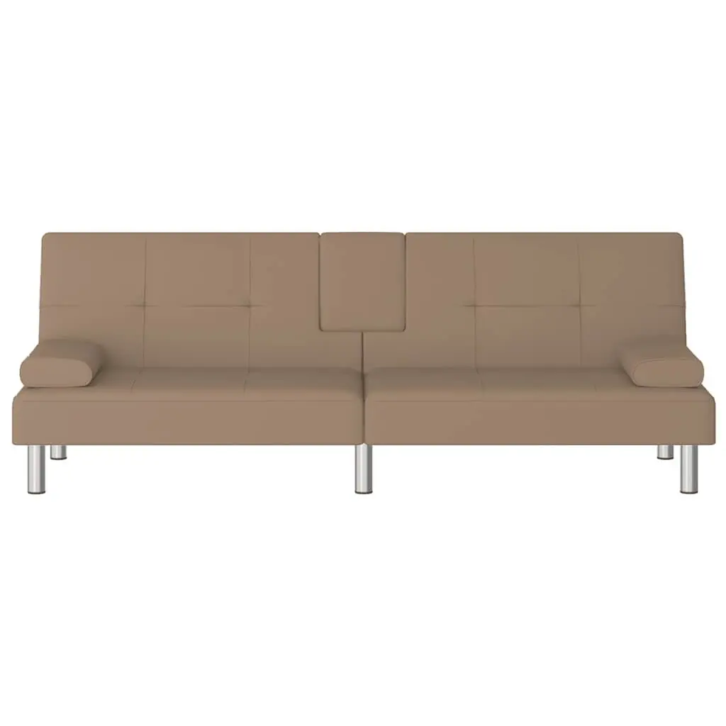 Sofa Bed Faux Leather Adjustable Backrest Brown Plywood Frame with Cup Holders