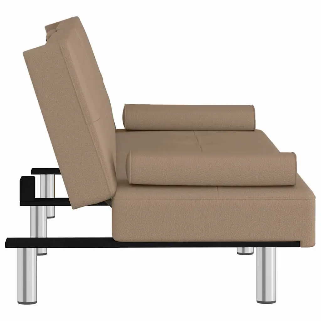 Sofa Bed Faux Leather Adjustable Backrest Brown Plywood Frame with Cup Holders