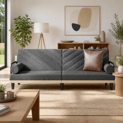 Grey Fabric Sofa Bed with Armrests and Adjustable Backrest