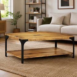 Two-Tier Brown Solid Wood Coffee Table with Steel Frame