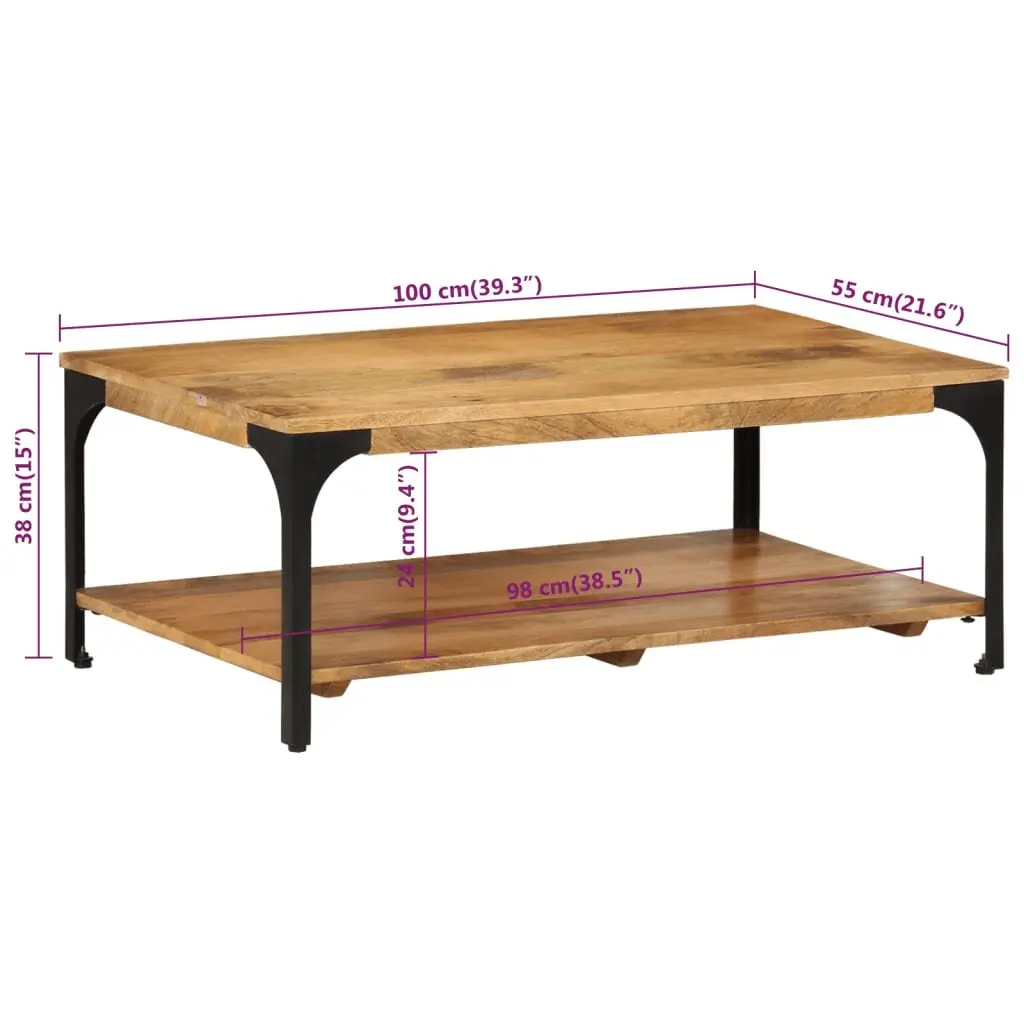 Coffee Table 2-Layer Brown Solid Wood Mango Steel Frame Living Room Storage