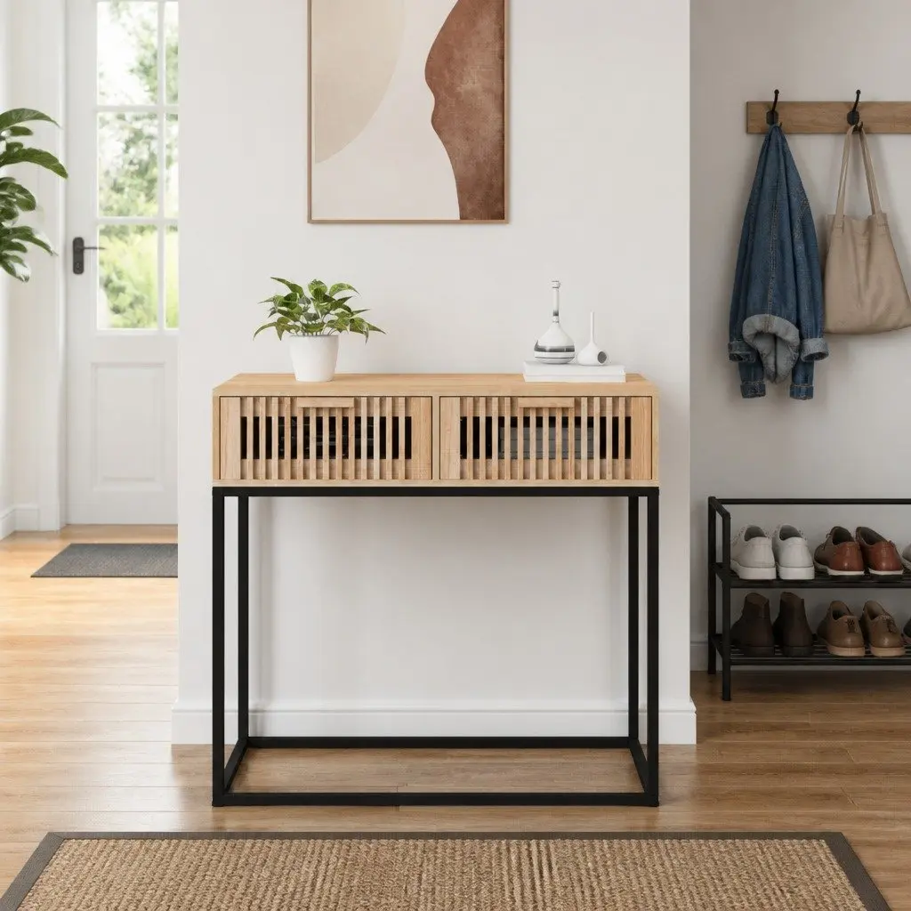Console Table 80x30x75cm Brown Engineered Wood Iron Hallway Entryway Storage